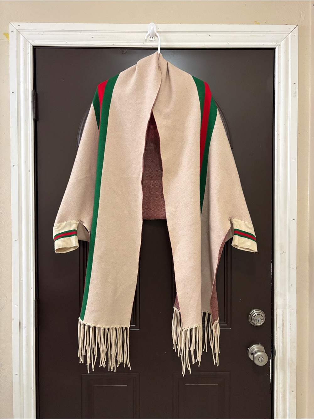 Beige Fringe Open-Front Shawl Coat with Green & Red Stripes